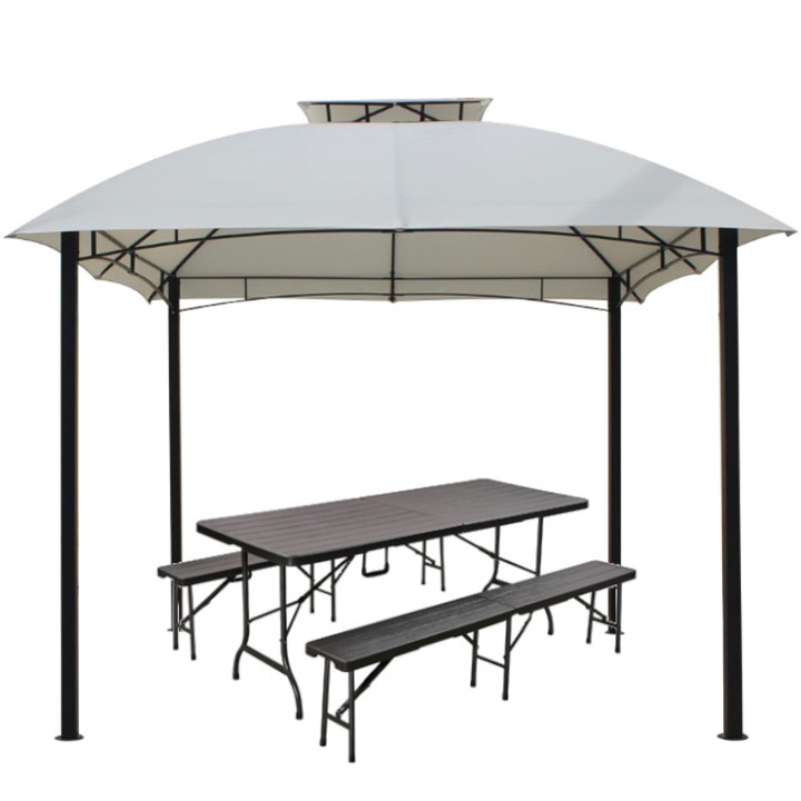 Culinaro sátor pavilon udvarra 3x3m acélváz tető bézs szett padok összecsukható összecsukható asztal 180cm