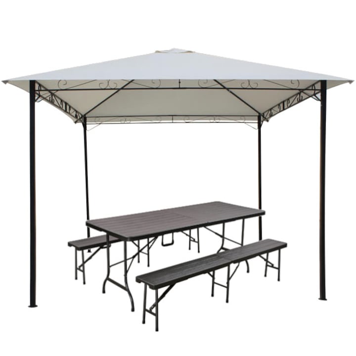 Culinaro 3x3m sátor kerti udvarra acélváz tető bézs szett padok összecsukható összecsukható asztal 180cm