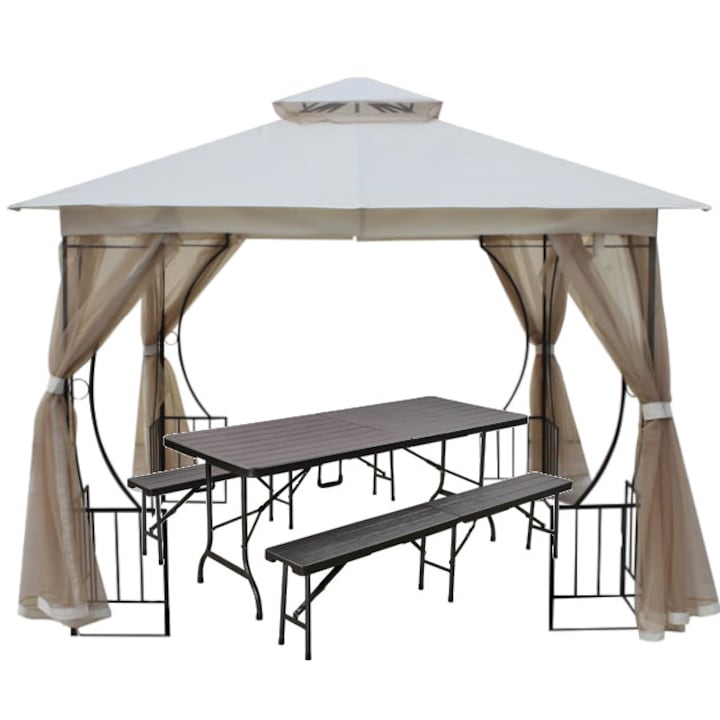 Culinaro pavilon, 3x3m, sátor váz acél oldalfalak ,rovarháló, bézs összecsukható asztal padokkal 180cm