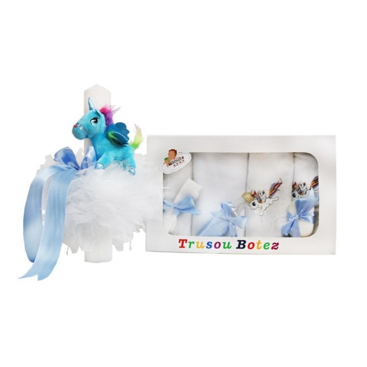 Trusou botez unicorn baietel si lumanare asortata 8 piese Creativ546