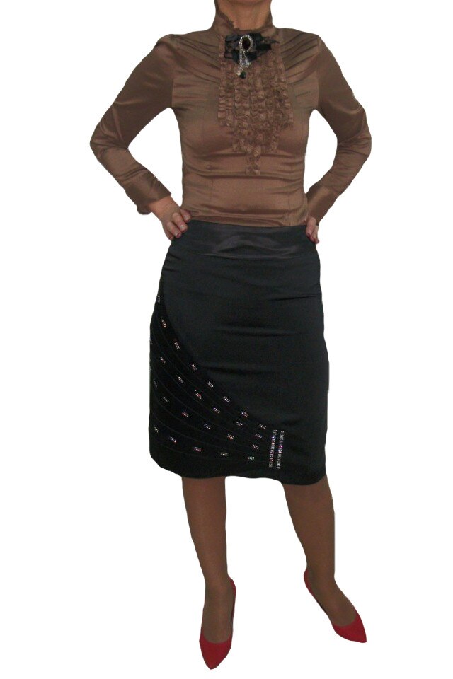 Fusta eleganta, dreapta, cu insertii de strass-uri negre, D&J Exclusive, Negru