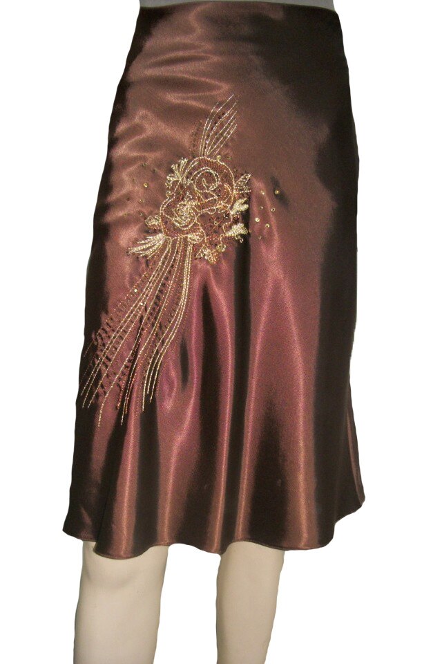 Fusta eleganta, din saten, cu broderie florala, D&J Exclusive, Maro