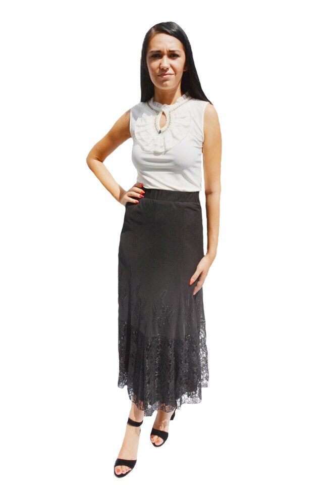 Fusta evazata, cu insertii de dantela, D&J Exclusive, Negru