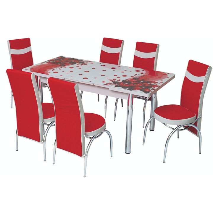 Set masa extensibila cu 6 scaune din piele ecologica model AMARYLLIS ROSU, dreptunghiulara, blat din sticla securizata si PAL, rosu/alb, 130x78x80 cm