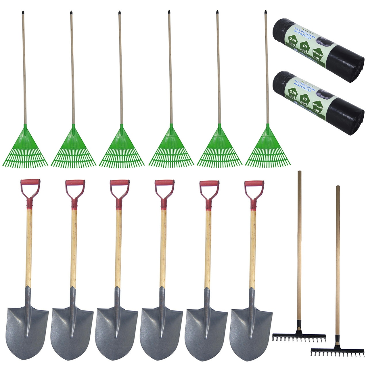 Pachet - 6 x Cazma cu coada scurta + 6 x Grebla din plastic pentru frunze + 2 x Grebla cu coada, 14 dinti + 2 x Saci menajeri, 240L