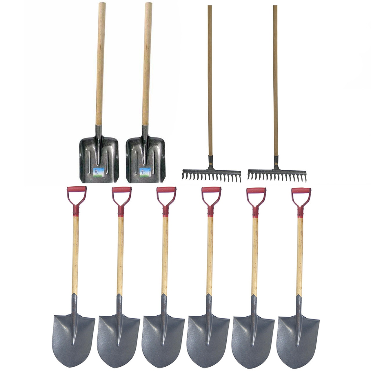 Pachet - 6 x Cazma cu coada scurta si maner + 2 x Lopata zapada cu coada din lemn + 2 x Grebla cu coada, 16 dinti