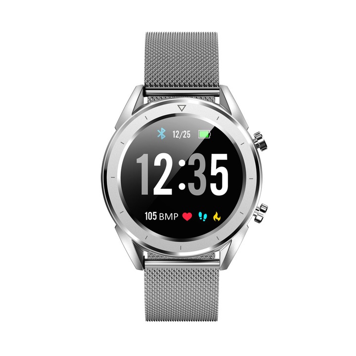Ceas Smartwatch DT28, Curea metalica Argintie, Ideal pentru Monitorizare Tensiune si Bataile Inimii, Conectare Android, IOS, Bluetooth, Handsfree, Touchscreen, Pedometru