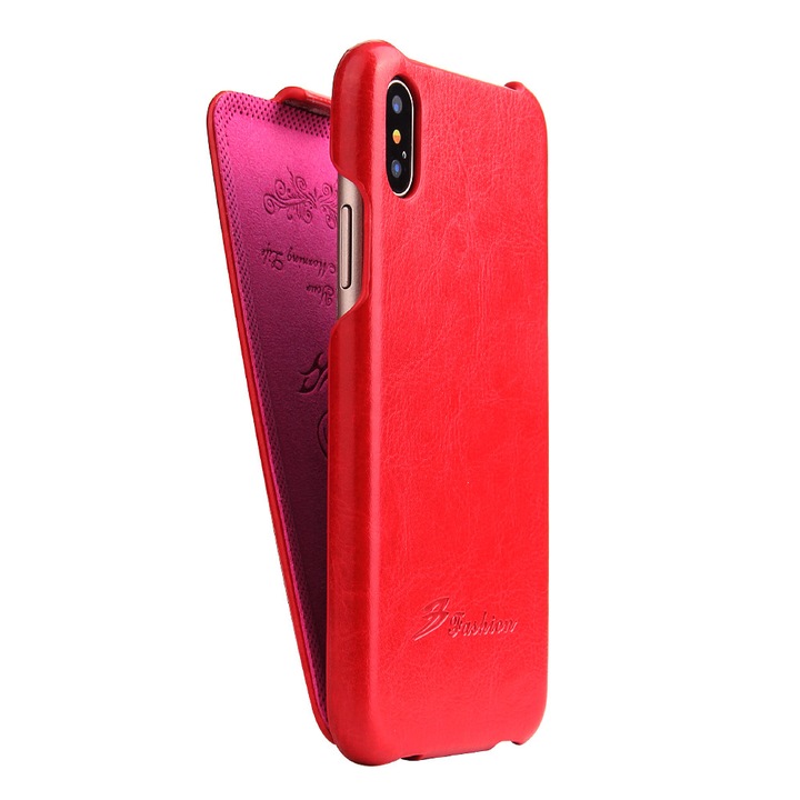 Калъф за iPhone X, XS, CaseMe, фина кожа, тип вертикален флип, цвят Червен