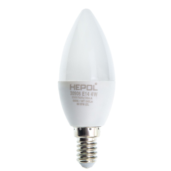 Bec LED HEPOL, forma lumanare, E14, 4W, 25000 ore, 4000K, lumina neutra