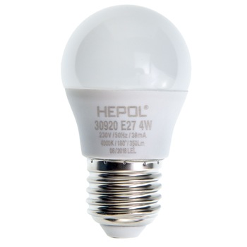 Bec LED HEPOL, forma glob, E27, 4W, 25000 ore, 4000K, lumina neutra Bec LED HEPOL, forma glob, E27, 4W, 25000 ore, 4000K, lumina neutra