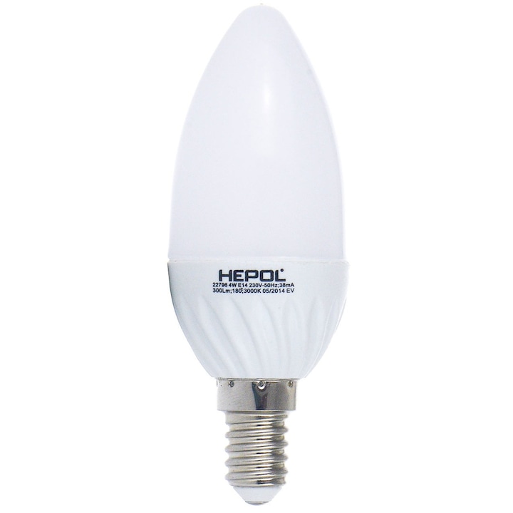Bec LED HEPOL, forma lumanare, E14, 4W, 25000 ore, lumina calda
