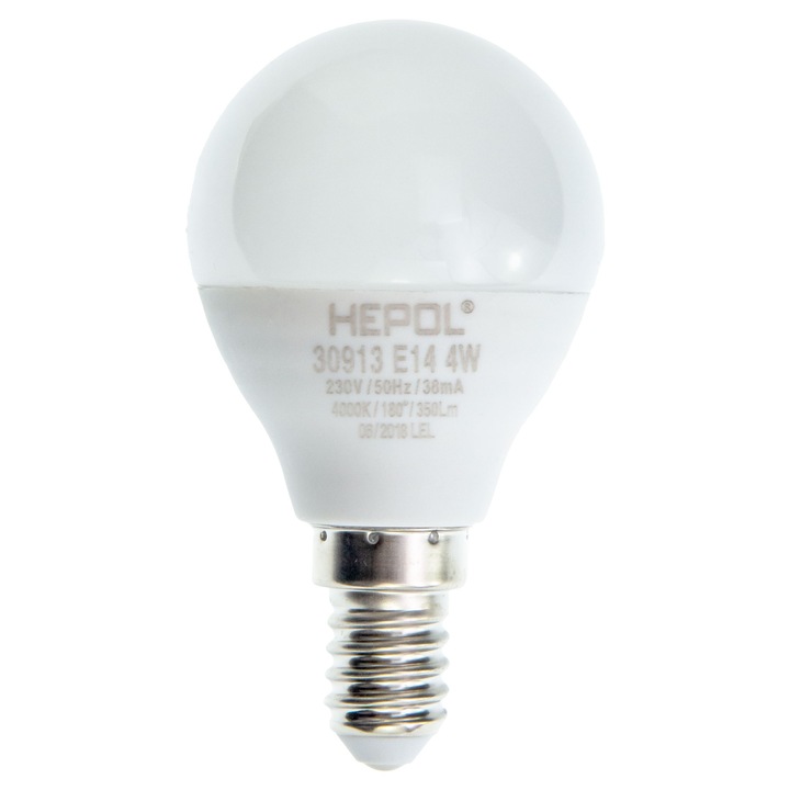 Bec LED HEPOL, forma glob, E14, 4W, 25000 ore, 4000K, lumina neutra