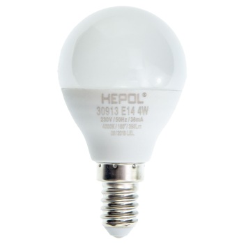 Bec LED HEPOL, forma glob, E14, 4W, 25000 ore, 4000K, lumina neutra Bec LED HEPOL, forma glob, E14, 4W, 25000 ore, 4000K, lumina neutra