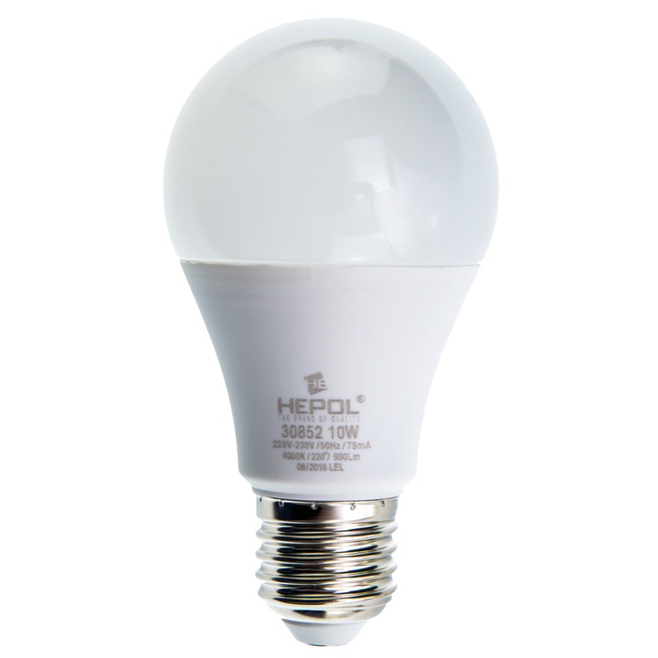 Bec LED HEPOL, forma A60, E27, 10W, 25000 ore, 4000K, lumina neutra