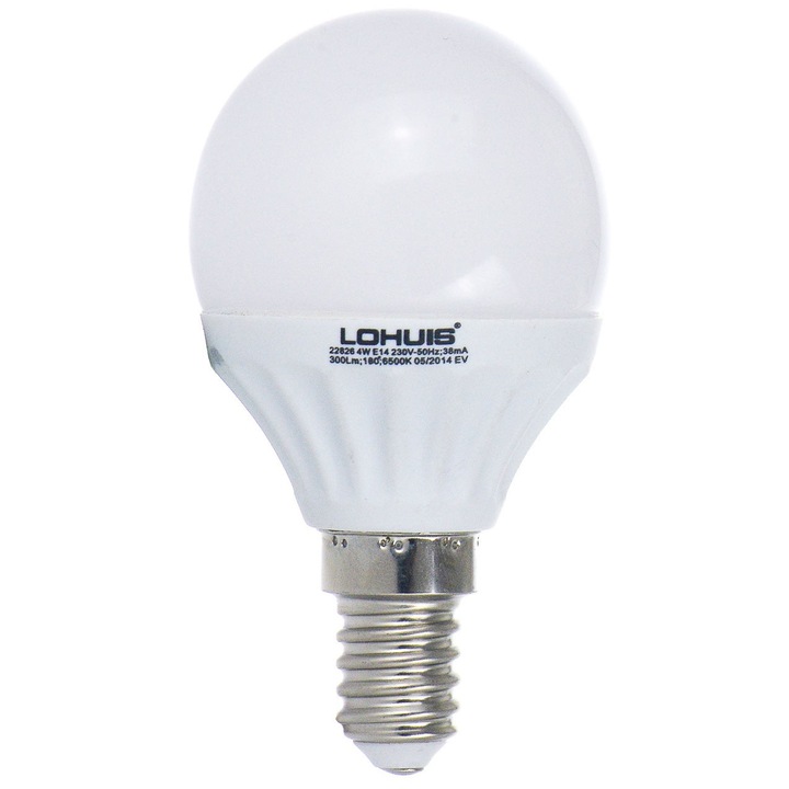 Bec LED LOHUIS, forma glob, E14, 4W, 25000 ore, lumina rece