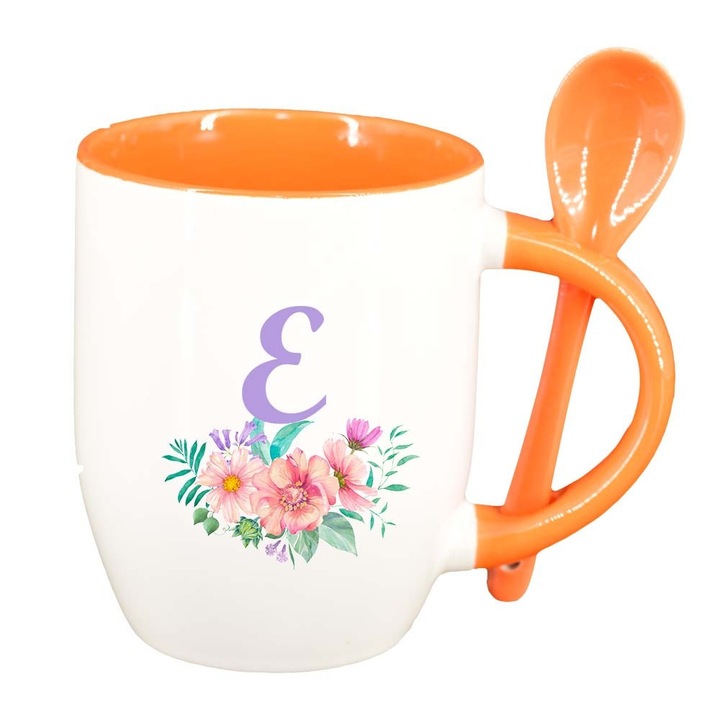 Чаша "Азбука цветя" с лъжица, оранжев интериор, 330 мл, D933