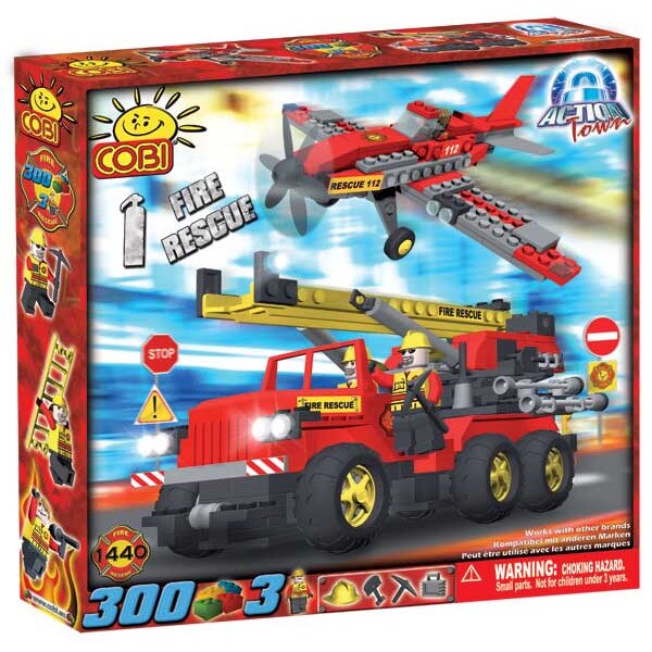 Jucarie de construit Set masina si avion de pompieri, 300 piese - Cobi
