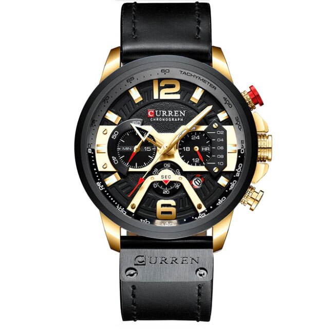 Ceas Curren Unisex Quartz Casual Elegant Negru-gold, PN999564NGD, curea din piele, afisaj Analog
