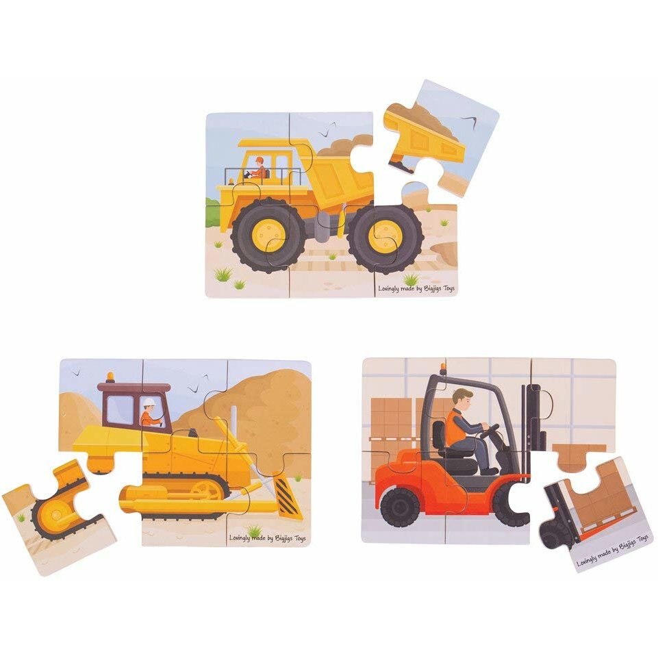 Set 3 puzzle BigJigs din lemn - Vehicule pentru constructii