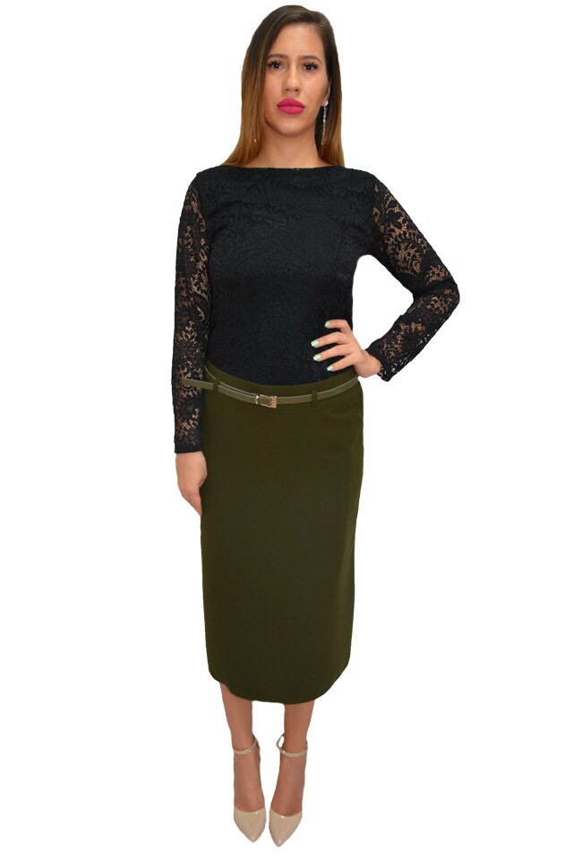 Fusta dama, office, croiala dreapta, curea in talie, D&J Exclusive, Kaki