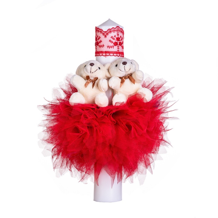 Lumanare botez in nunate de rosu cu ursuleti si prosop brodat Creativ587