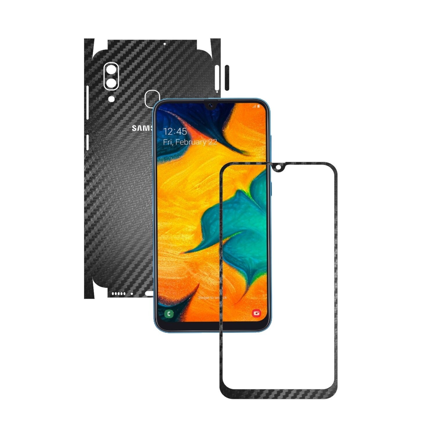 Folie Protectie Carbon Skinz pentru Samsung Galaxy A30 - Carbon Negru 360 Cut, Skin Adeziv Full Body Cover pentru Rama Ecran, Carcasa Spate si Laterale