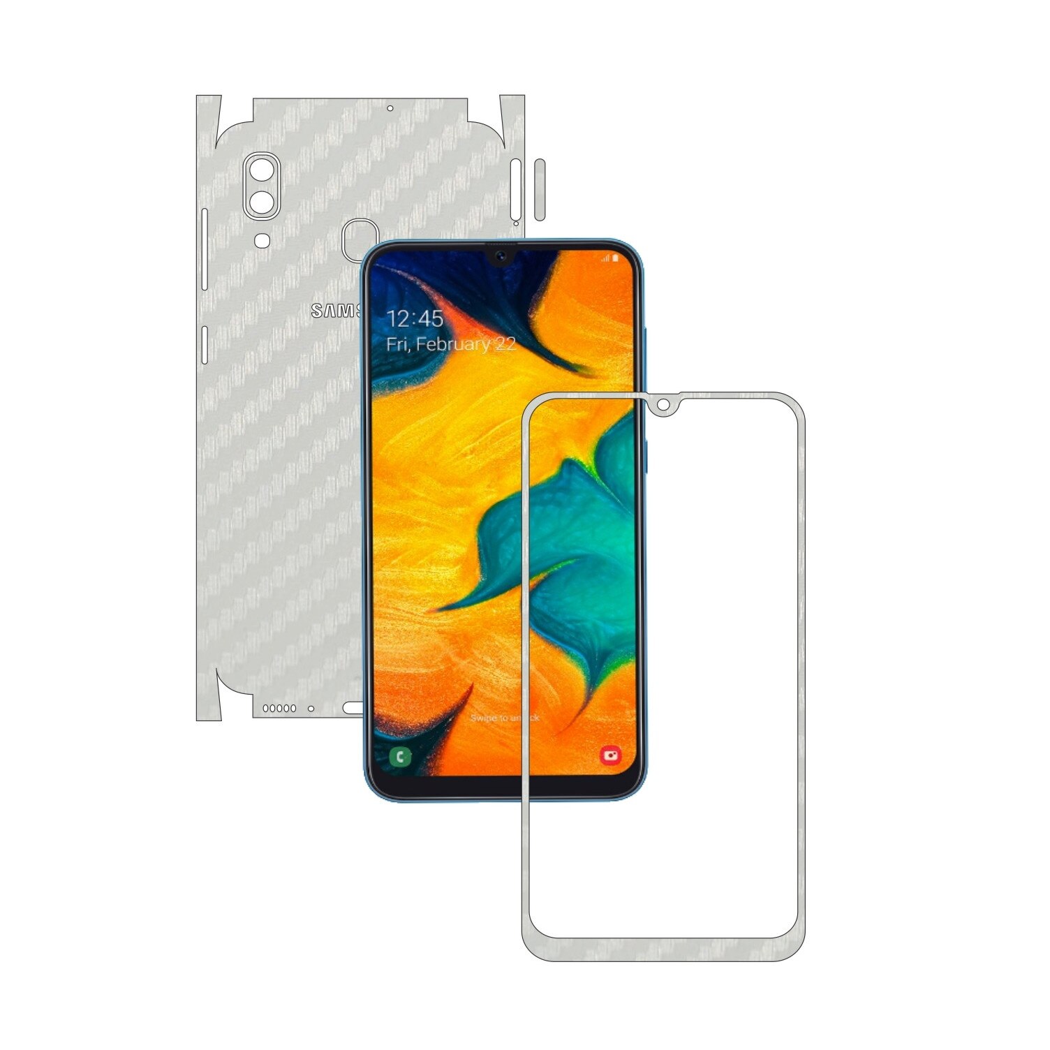 Folie Protectie Carbon Skinz pentru Samsung Galaxy A30 - Carbon Alb 360 Cut, Skin Adeziv Full Body Cover pentru Rama Ecran, Carcasa Spate si Laterale