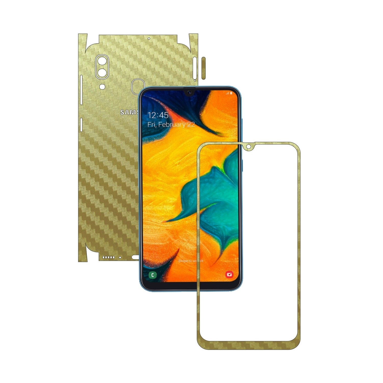 Folie Protectie Carbon Skinz pentru Samsung Galaxy A30 - Carbon Auriu 360 Cut, Skin Adeziv Full Body Cover pentru Rama Ecran, Carcasa Spate si Laterale