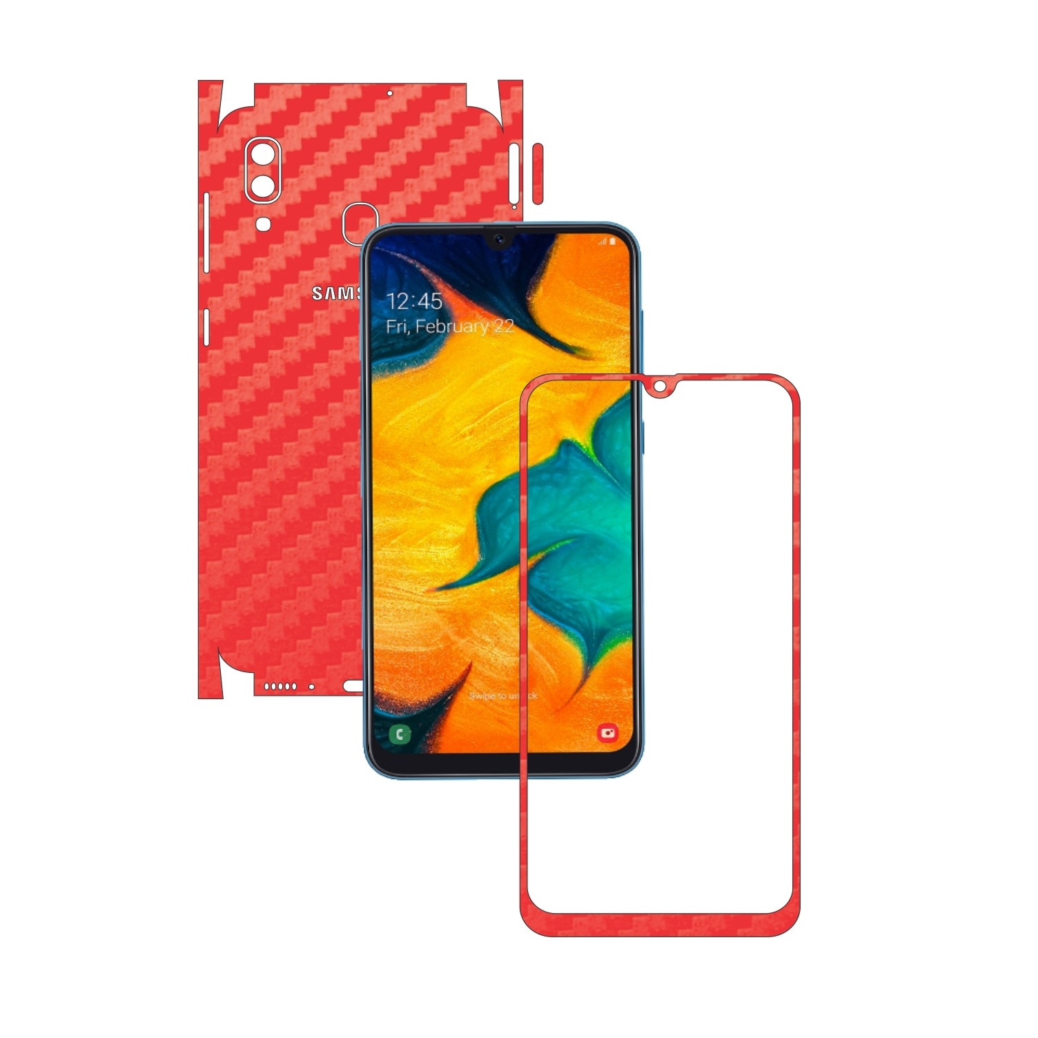 Folie Protectie Carbon Skinz pentru Samsung Galaxy A30 - Carbon Rosu 360 Cut, Skin Adeziv Full Body Cover pentru Rama Ecran, Carcasa Spate si Laterale