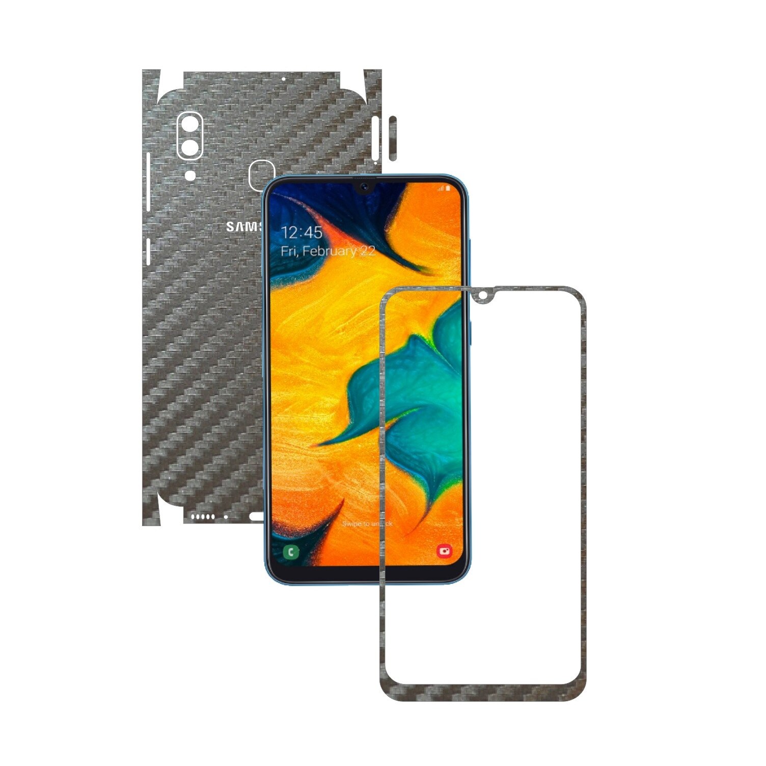 Folie Protectie Carbon Skinz pentru Samsung Galaxy A30 - Carbon Gri Argintiu 360 Cut, Skin Adeziv Full Body Cover pentru Rama Ecran, Carcasa Spate si Laterale