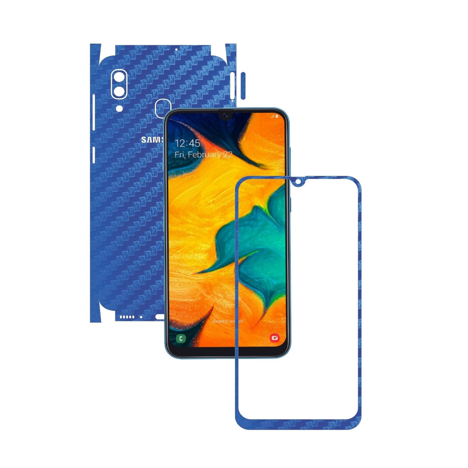 Folie Protectie Carbon Skinz pentru Samsung Galaxy A30 - Carbon Albastru 360 Cut, Skin Adeziv Full Body Cover pentru Rama Ecran, Carcasa Spate si Laterale