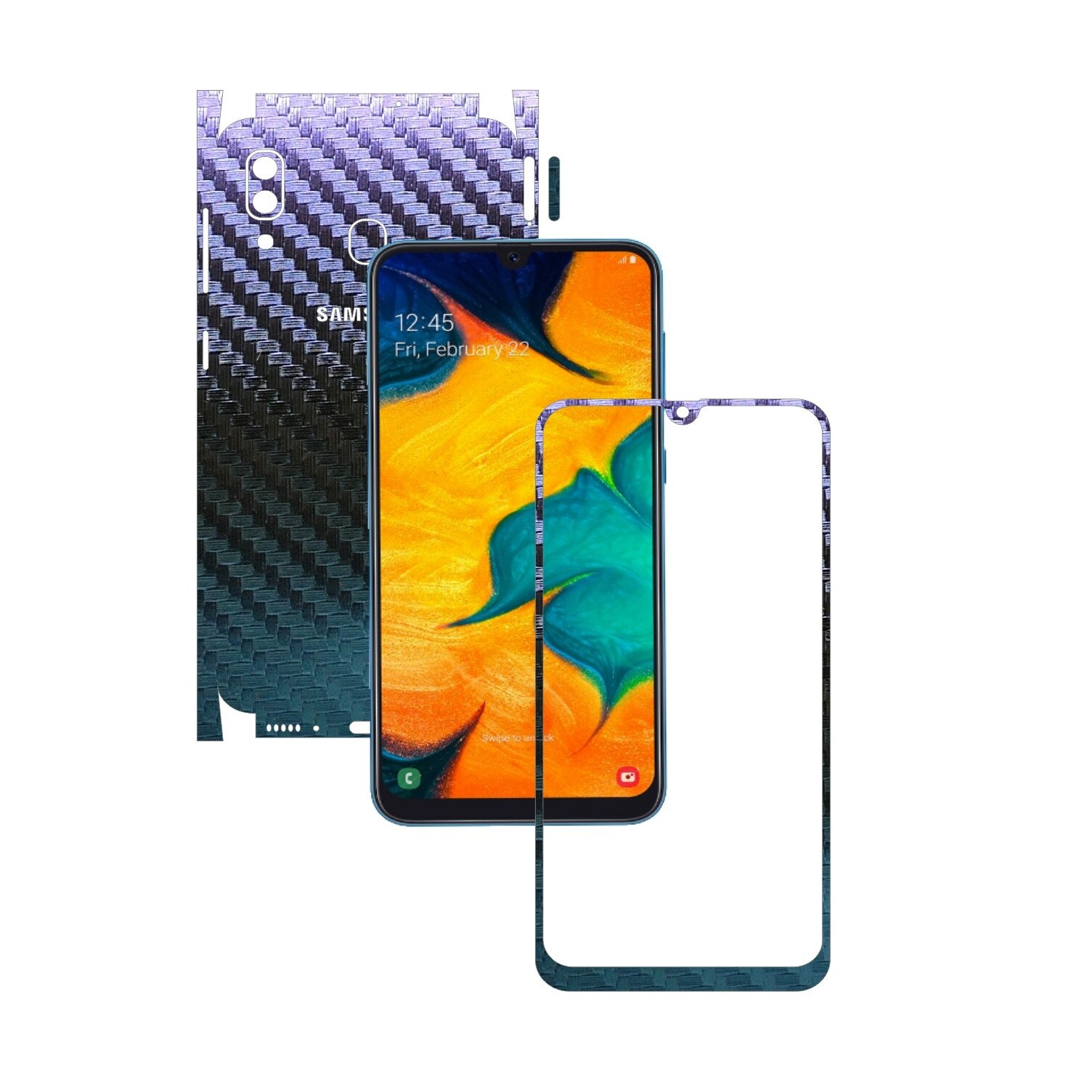 Folie Protectie Carbon Skinz pentru Samsung Galaxy A30 - Carbon Cameleon 360 Cut, Skin Adeziv Full Body Cover pentru Rama Ecran, Carcasa Spate si Laterale