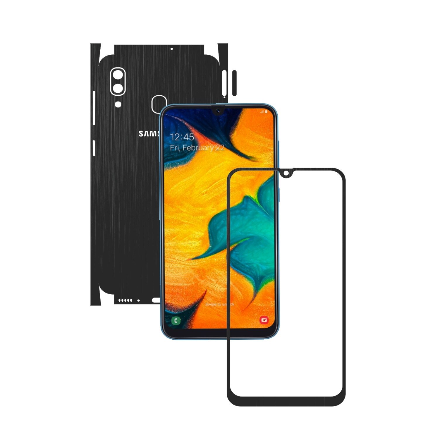 Folie Protectie Carbon Skinz pentru Samsung Galaxy A30 - Brushed Negru 360 Cut, Skin Adeziv Full Body Cover pentru Rama Ecran, Carcasa Spate si Laterale