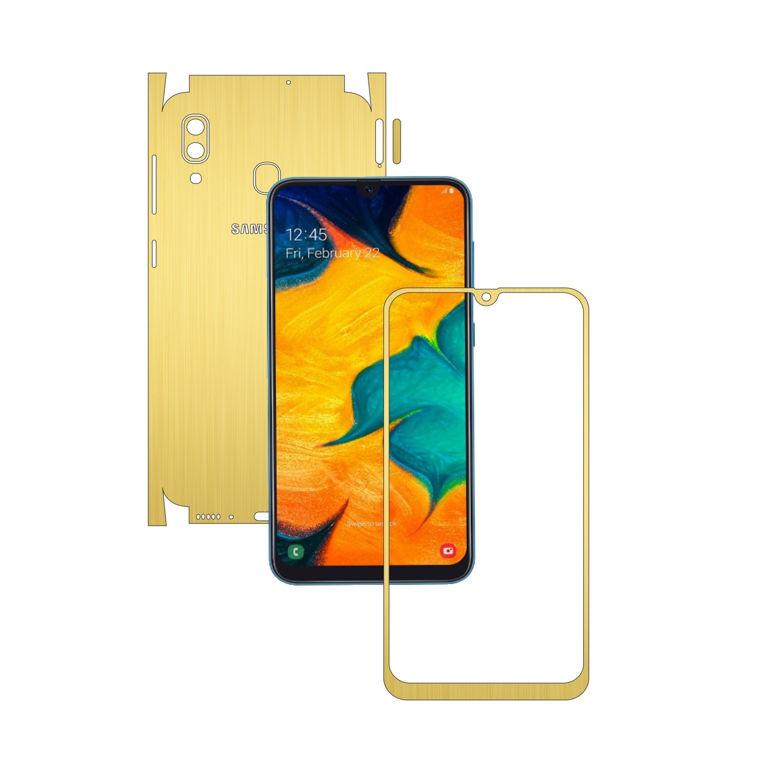 Folie Protectie Carbon Skinz pentru Samsung Galaxy A30 - Brushed Auriu 360 Cut, Skin Adeziv Full Body Cover pentru Rama Ecran, Carcasa Spate si Laterale