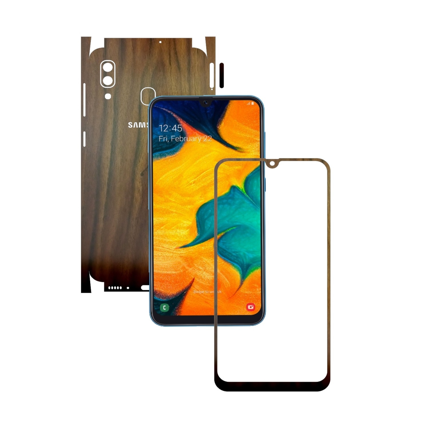 Folie Protectie Carbon Skinz pentru Samsung Galaxy A30 - Lemn Nuc 360 Cut, Skin Adeziv Full Body Cover pentru Rama Ecran, Carcasa Spate si Laterale
