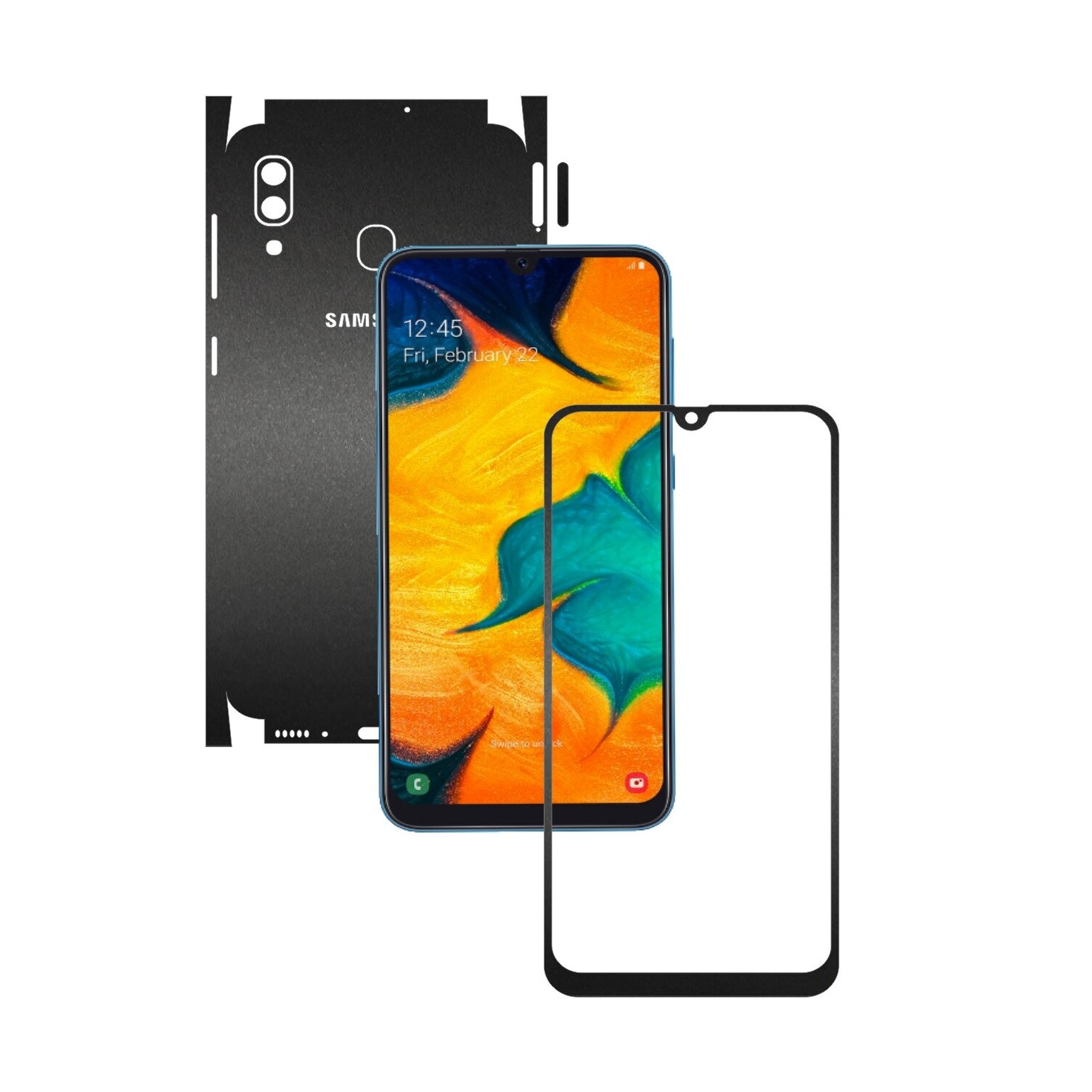 Folie Protectie Carbon Skinz pentru Samsung Galaxy A30 - Negru Mat 360 Cut, Skin Adeziv Full Body Cover pentru Rama Ecran, Carcasa Spate si Laterale