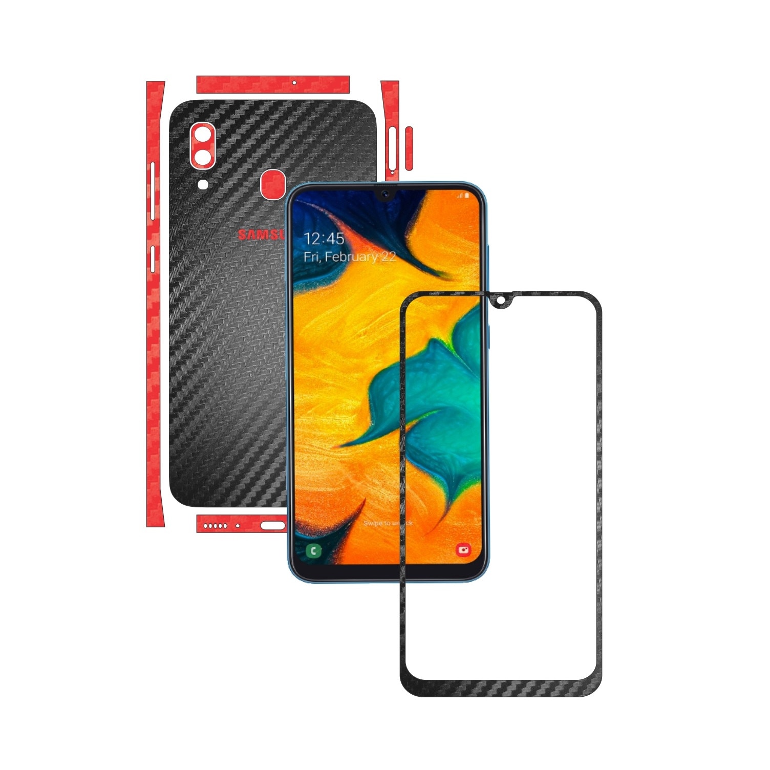 Folie Protectie Carbon Skinz pentru Samsung Galaxy A30 - Carbon Two Tone Negru / Rosu, Skin Adeziv Full Body Cover pentru Rama Ecran, Carcasa Spate si Laterale