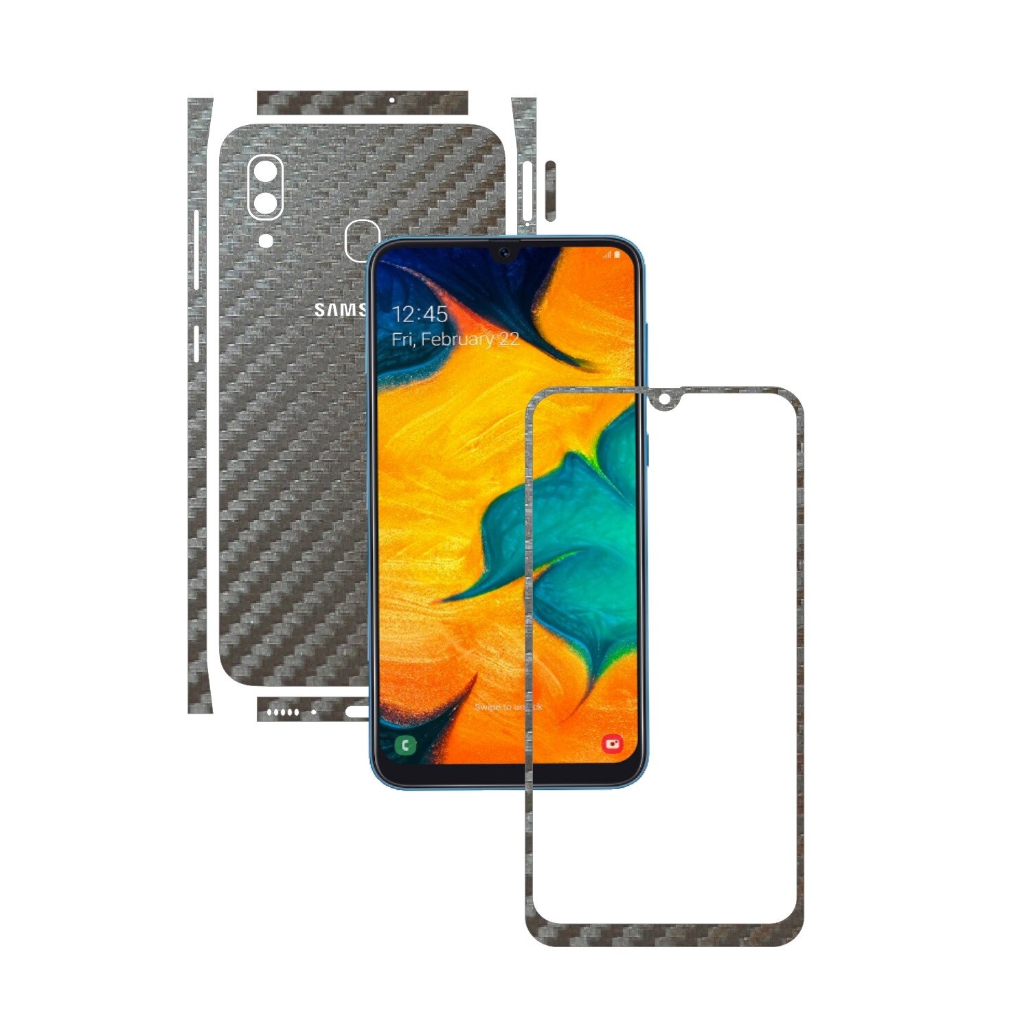 Folie Protectie Carbon Skinz pentru Samsung Galaxy A30 - Carbon Gri Argintiu Split Cut, Skin Adeziv Full Body Cover pentru Rama Ecran, Carcasa Spate si Laterale