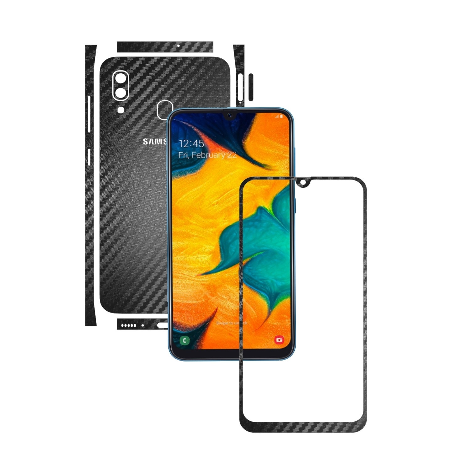 Folie Protectie Carbon Skinz pentru Samsung Galaxy A30 - Carbon Negru Split Cut, Skin Adeziv Full Body Cover pentru Rama Ecran, Carcasa Spate si Laterale