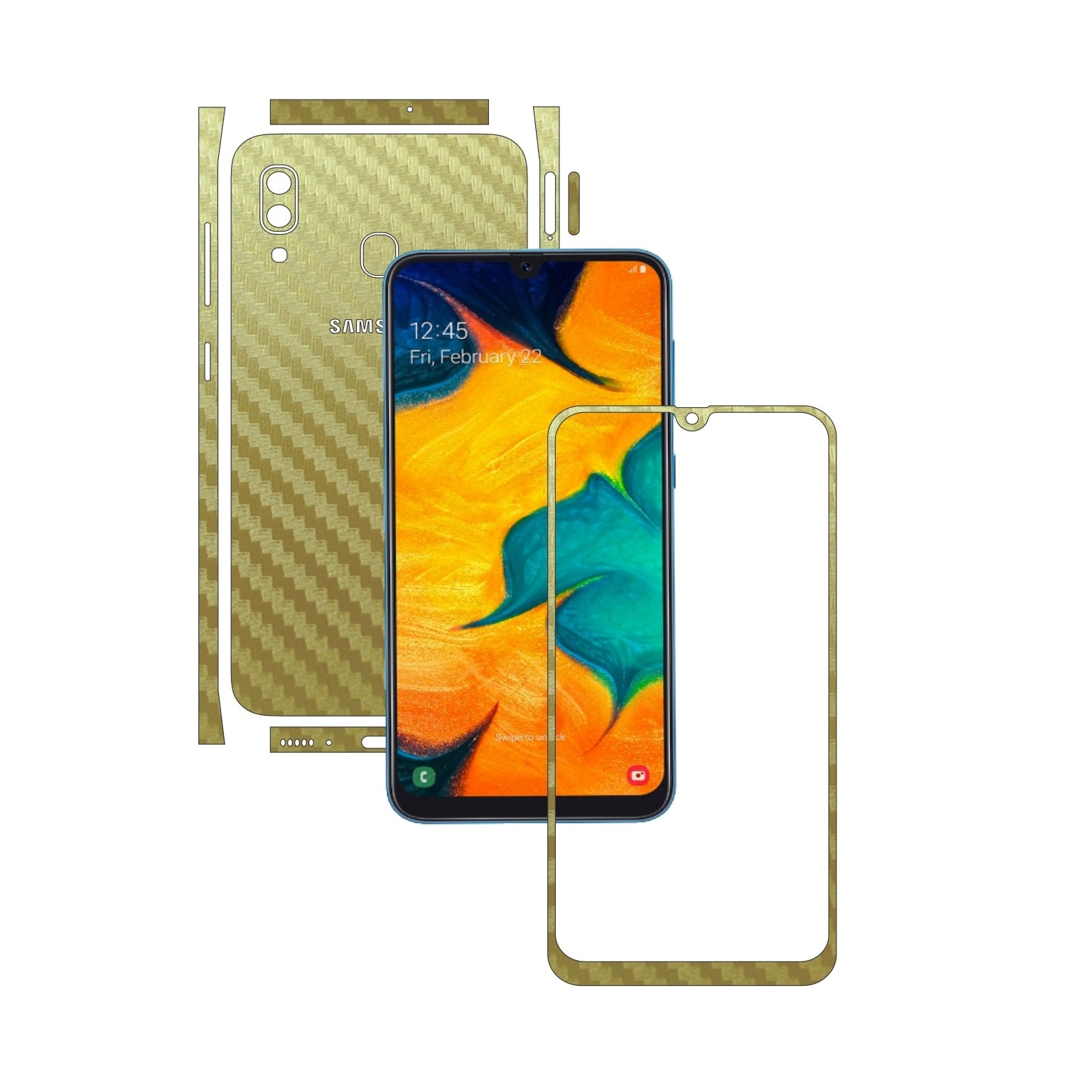 Folie Protectie Carbon Skinz pentru Samsung Galaxy A30 - Carbon Auriu Split Cut, Skin Adeziv Full Body Cover pentru Rama Ecran, Carcasa Spate si Laterale