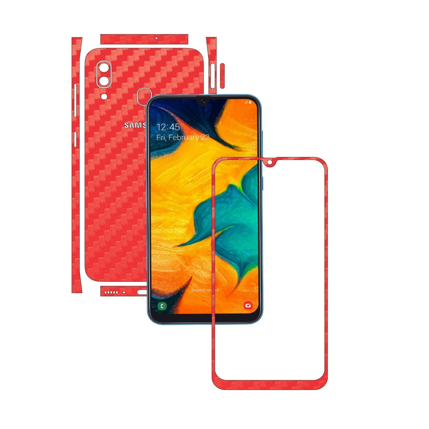 Folie Protectie Carbon Skinz pentru Samsung Galaxy A30 - Carbon Rosu Split Cut, Skin Adeziv Full Body Cover pentru Rama Ecran, Carcasa Spate si Laterale