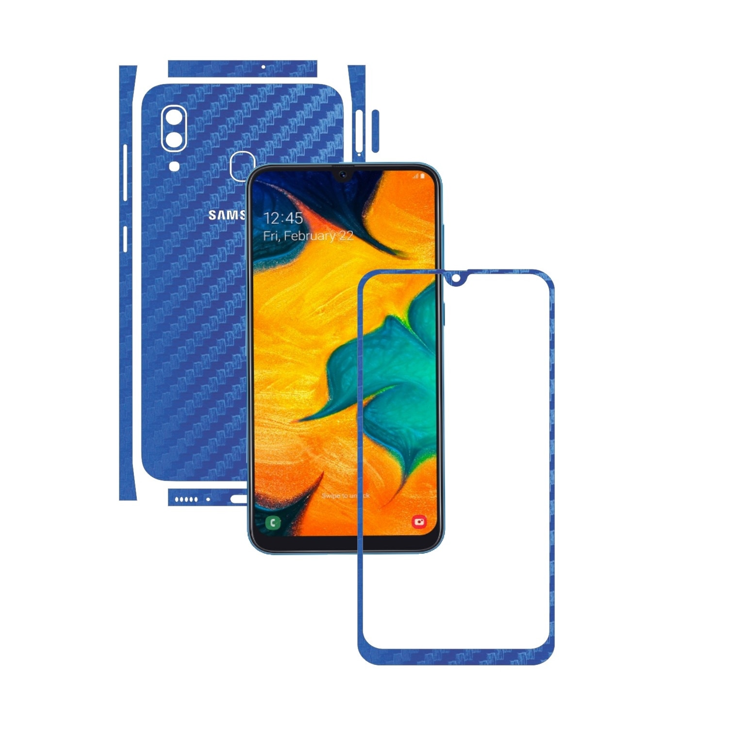Folie Protectie Carbon Skinz pentru Samsung Galaxy A30 - Carbon Albastru Split Cut, Skin Adeziv Full Body Cover pentru Rama Ecran, Carcasa Spate si Laterale