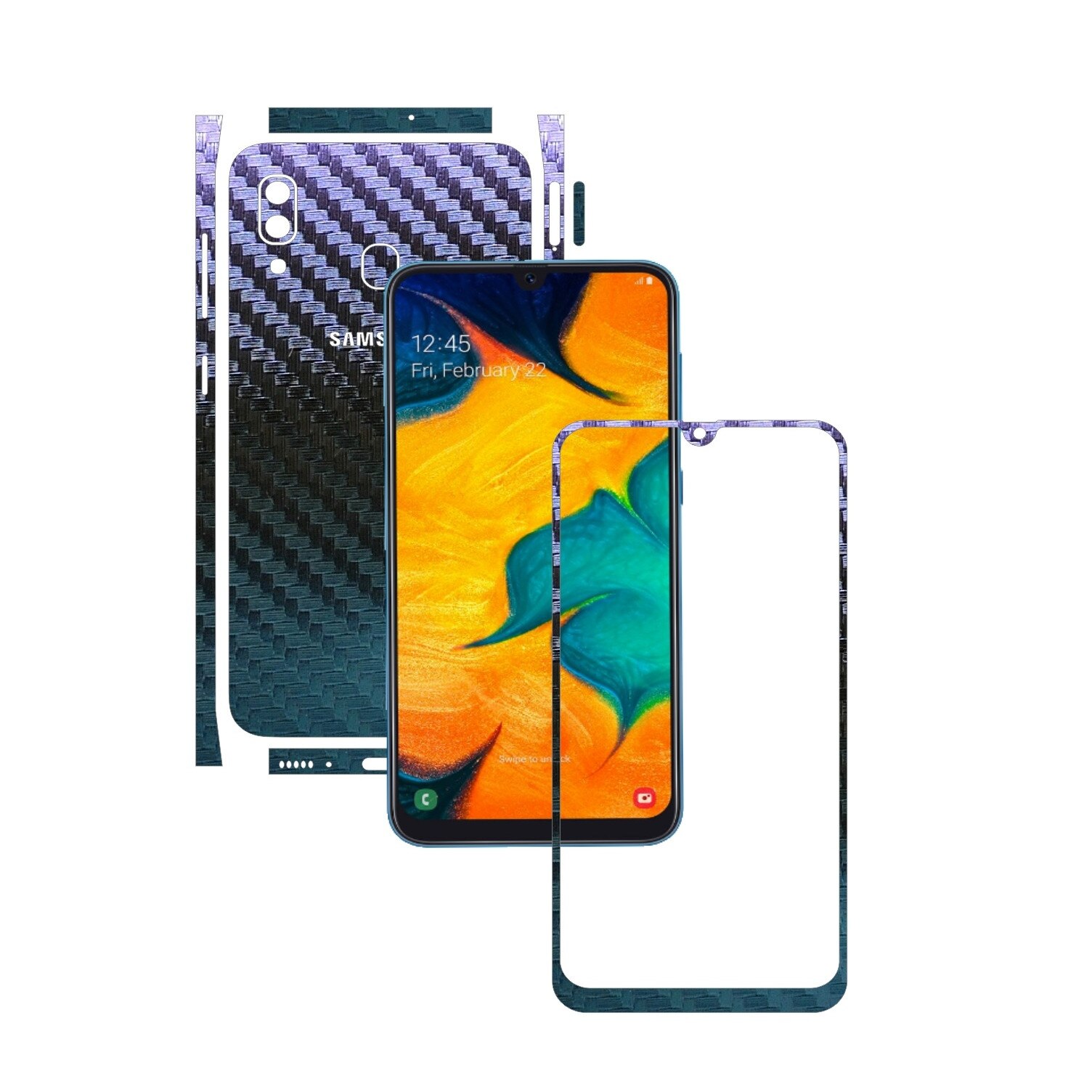Folie Protectie Carbon Skinz pentru Samsung Galaxy A30 - Carbon Cameleon Split Cut, Skin Adeziv Full Body Cover pentru Rama Ecran, Carcasa Spate si Laterale