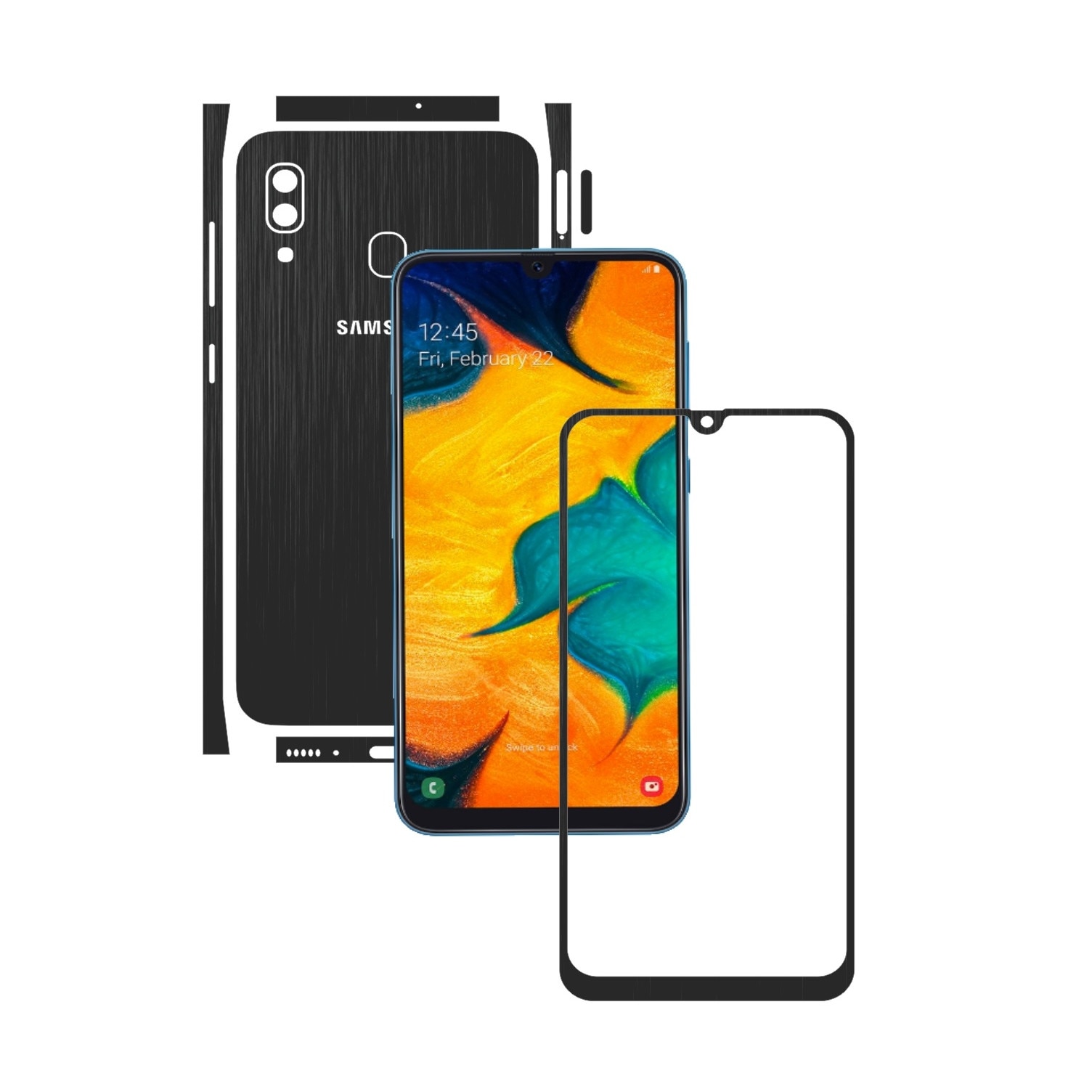 Folie Protectie Carbon Skinz pentru Samsung Galaxy A30 - Brushed Negru Split Cut, Skin Adeziv Full Body Cover pentru Rama Ecran, Carcasa Spate si Laterale