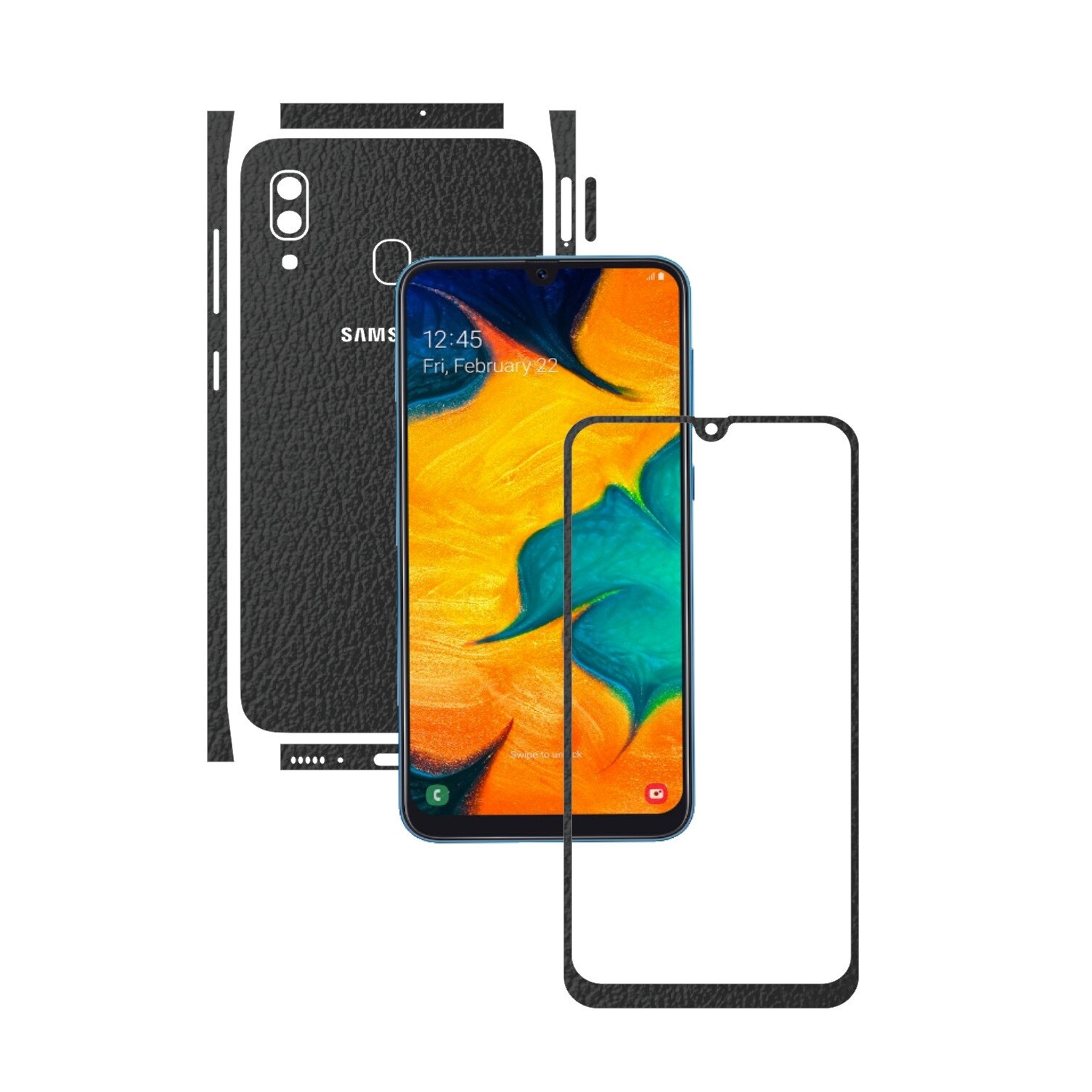 Folie Protectie Carbon Skinz pentru Samsung Galaxy A30 - Piele Neagra Split Cut, Skin Adeziv Full Body Cover pentru Rama Ecran, Carcasa Spate si Laterale