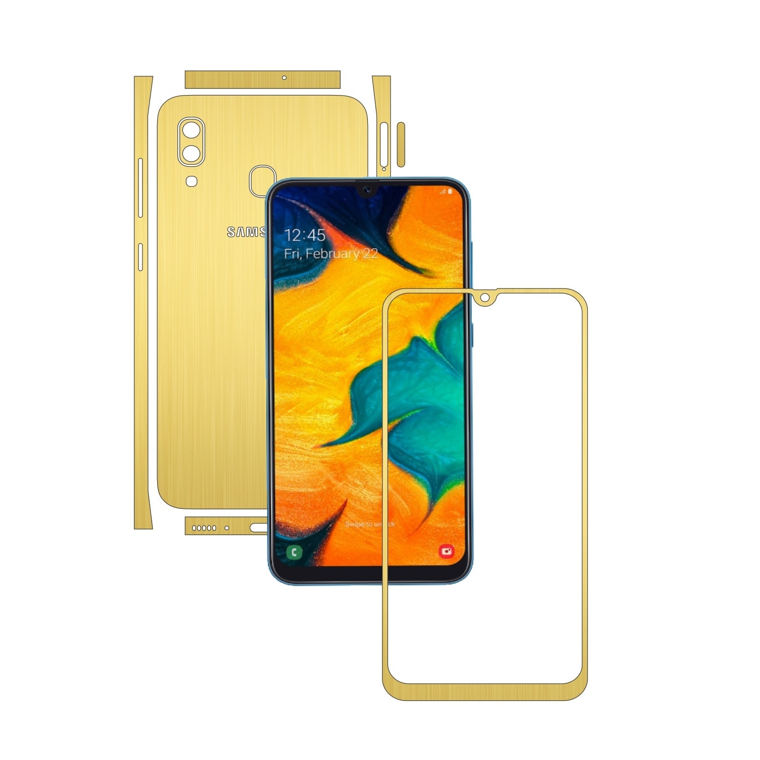 Folie Protectie Carbon Skinz pentru Samsung Galaxy A30 - Brushed Auriu Split Cut, Skin Adeziv Full Body Cover pentru Rama Ecran, Carcasa Spate si Laterale