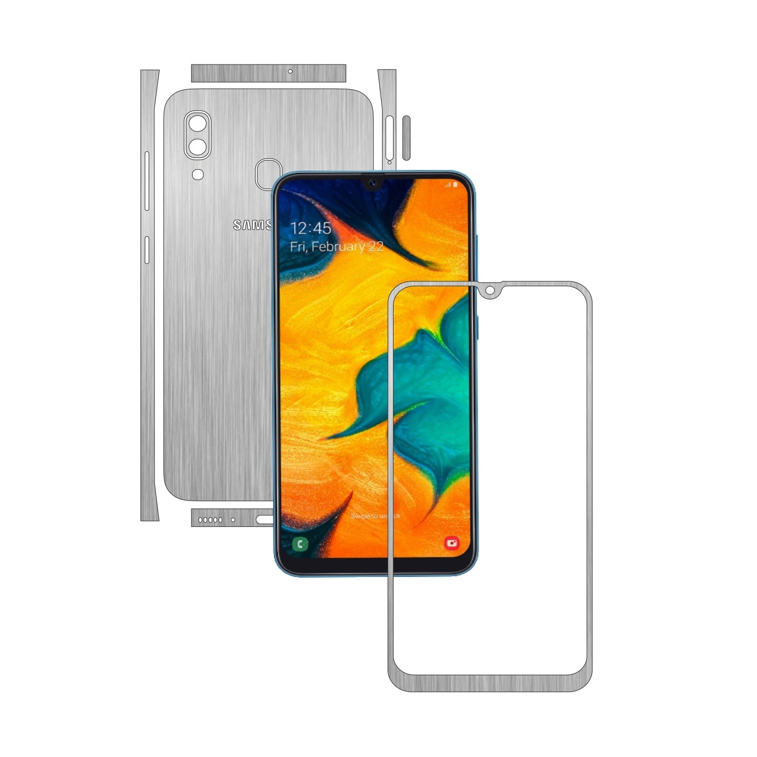 Folie Protectie Carbon Skinz pentru Samsung Galaxy A30 - Brushed Argintiu Split Cut, Skin Adeziv Full Body Cover pentru Rama Ecran, Carcasa Spate si Laterale