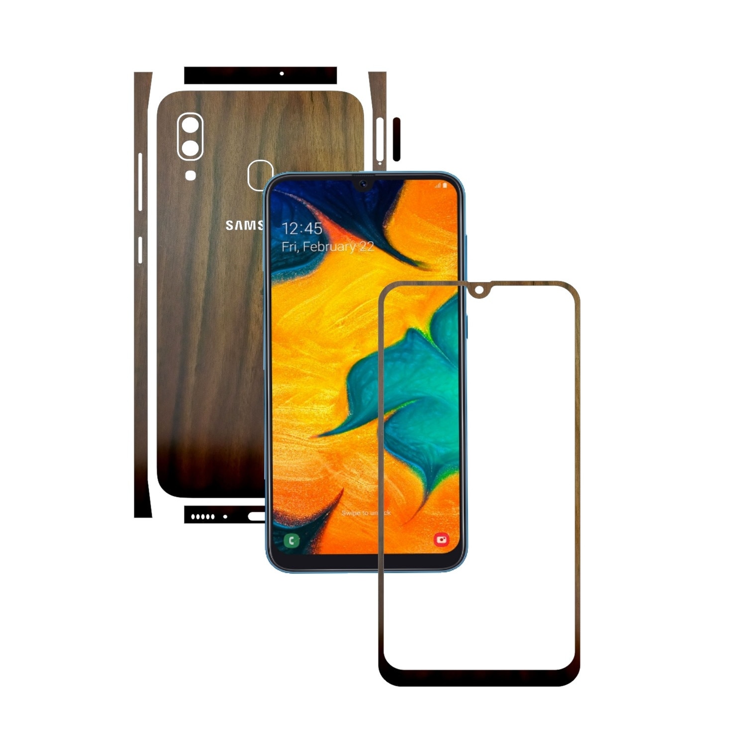 Folie Protectie Carbon Skinz pentru Samsung Galaxy A30 - Lemn Nuc Split Cut, Skin Adeziv Full Body Cover pentru Rama Ecran, Carcasa Spate si Laterale