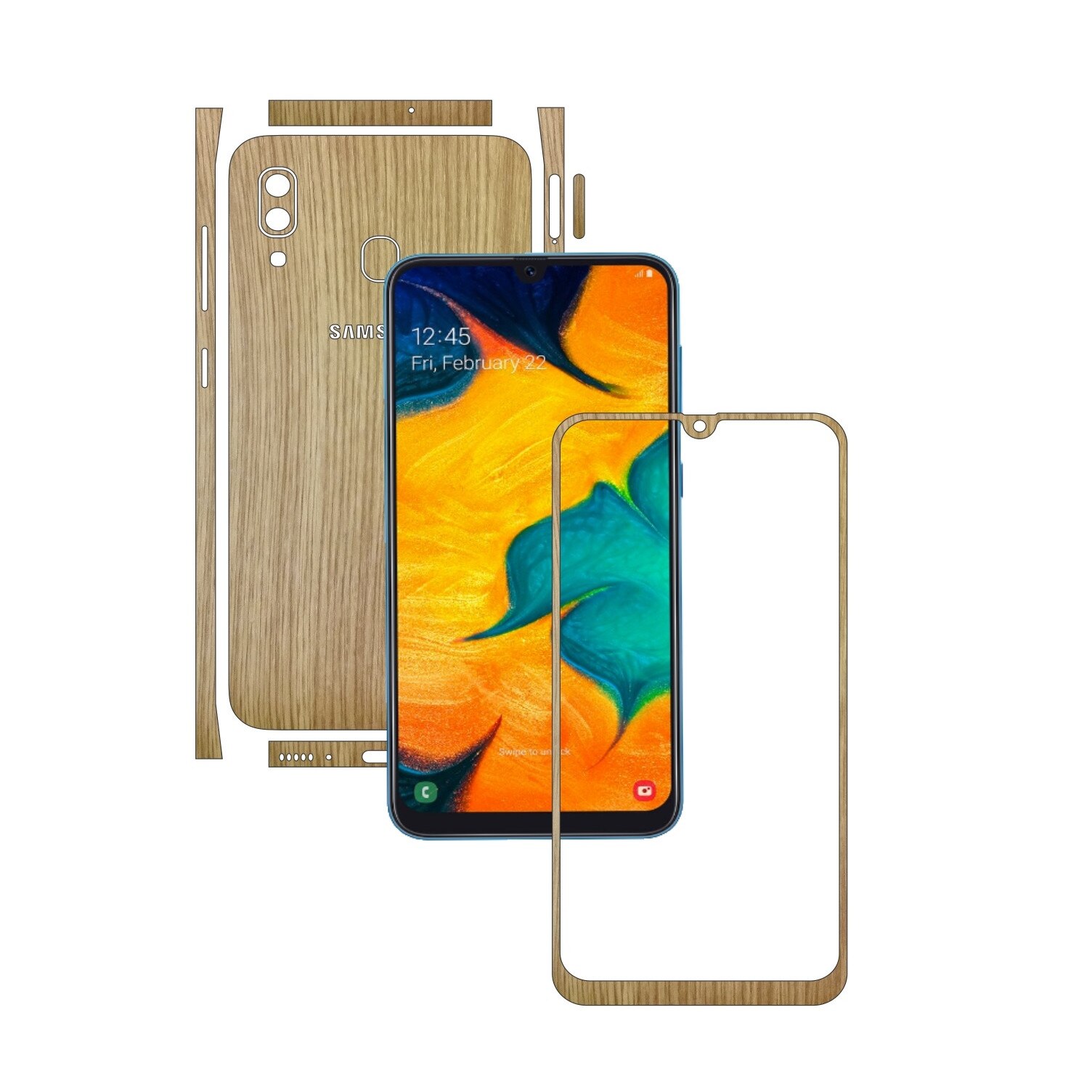 Folie Protectie Carbon Skinz pentru Samsung Galaxy A30 - Lemn Stejar Split Cut, Skin Adeziv Full Body Cover pentru Rama Ecran, Carcasa Spate si Laterale