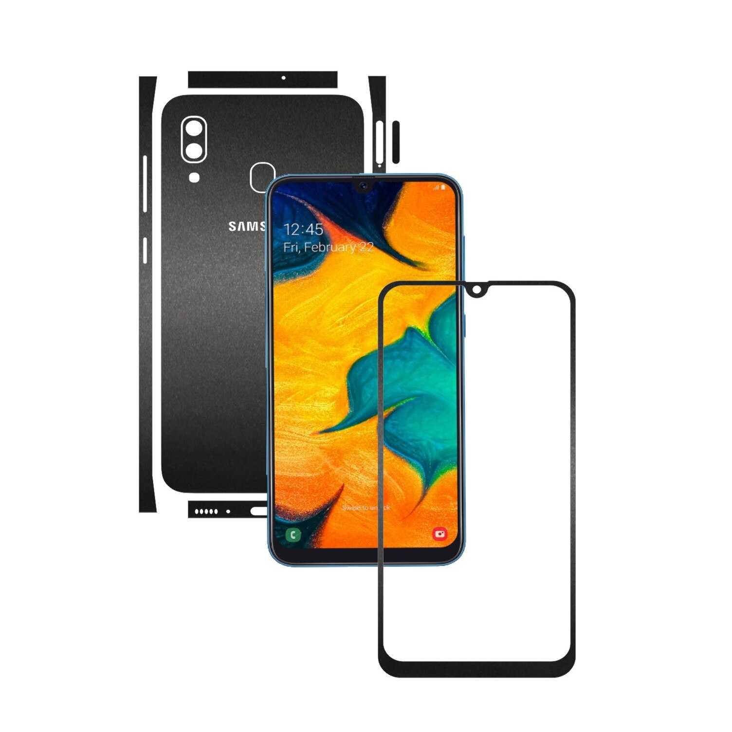 Folie Protectie Carbon Skinz pentru Samsung Galaxy A30 - Negru Mat Split Cut, Skin Adeziv Full Body Cover pentru Rama Ecran, Carcasa Spate si Laterale